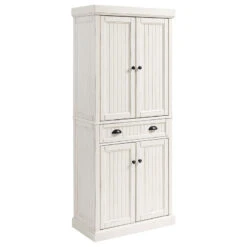 Kitchen Storage Store 19 Traditional Tall Pantry Cabinet, 2 Cabinets & Center Drawer, Distressed White