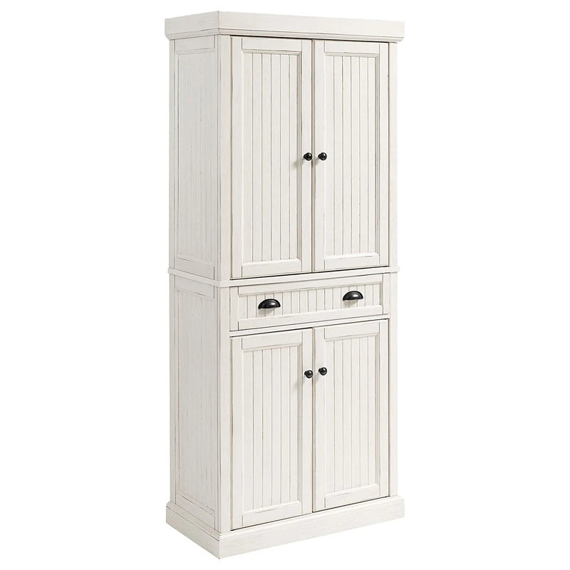 Traditional Tall Pantry Cabinet, 2 Cabinets & Center Drawer, Distressed White 3 Traditional Tall Pantry Cabinet, 2 Cabinets & Center Drawer, Distressed White