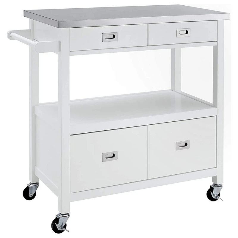 Modern Kitchen Cart, Stainless Steel Top And Spacious Drawer, Glossy White 3 Modern Kitchen Cart, Stainless Steel Top And Spacious Drawer, Glossy White