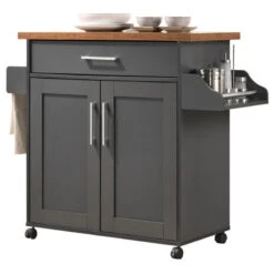 Hodedah Kitchen Island With Spice Rack Plus Towel Holder In Gray-Oak Wood