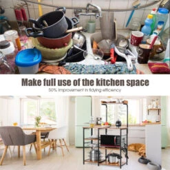 Costway 4-Tier MDF Vintage Kitchen Baker's Rack With Basket & 5 Hooks In Coffee 8 Costway 4-Tier MDF Vintage Kitchen Baker's Rack With Basket & 5 Hooks In Coffee -Kitchen Storage Store 28b1183200ff2697 7124 w800 h800 b0 p0