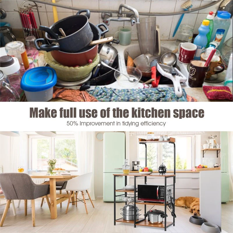 Costway 4-Tier MDF Vintage Kitchen Baker's Rack With Basket & 5 Hooks In Coffee 4 Costway 4-Tier MDF Vintage Kitchen Baker's Rack With Basket & 5 Hooks In Coffee - Image 3