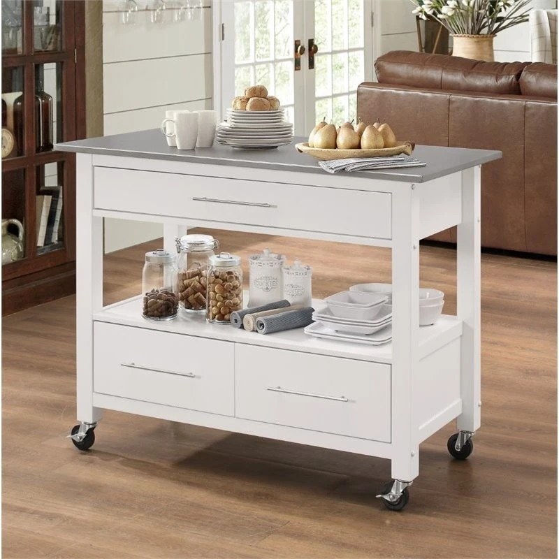 Bowery Hill Stainless Steel Top Kitchen Island In White 4 Bowery Hill Stainless Steel Top Kitchen Island In White - Image 2