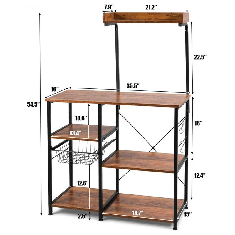 Costway 4-Tier MDF Vintage Kitchen Baker's Rack With Basket & 5 Hooks In Coffee 5 Costway 4-Tier MDF Vintage Kitchen Baker's Rack With Basket & 5 Hooks In Coffee - Image 4