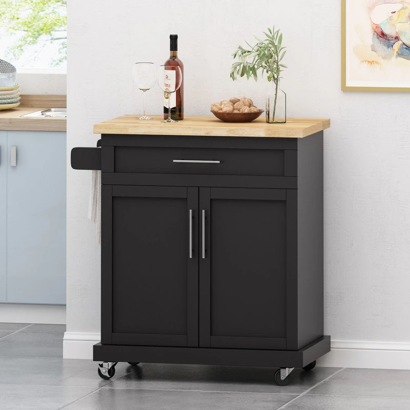 Negley Contemporary Kitchen Cart With Wheels, Black + Natural 4 Negley Contemporary Kitchen Cart With Wheels, Black + Natural - Image 2