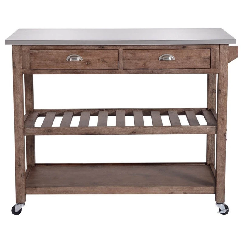 Offex Sonoma Kitchen Cart With Stainless Steel Top, Chestnut Wire-Brush 4 Offex Sonoma Kitchen Cart With Stainless Steel Top, Chestnut Wire-Brush - Image 2