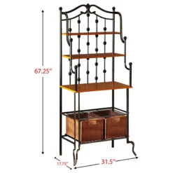 Mediterranean Bakers Rack, 2 Open Shelves And 2 Rattan Storage Baskets, Walnut -Kitchen Storage Store 440166ea017af36a 1356 w800 h800 b1 p0