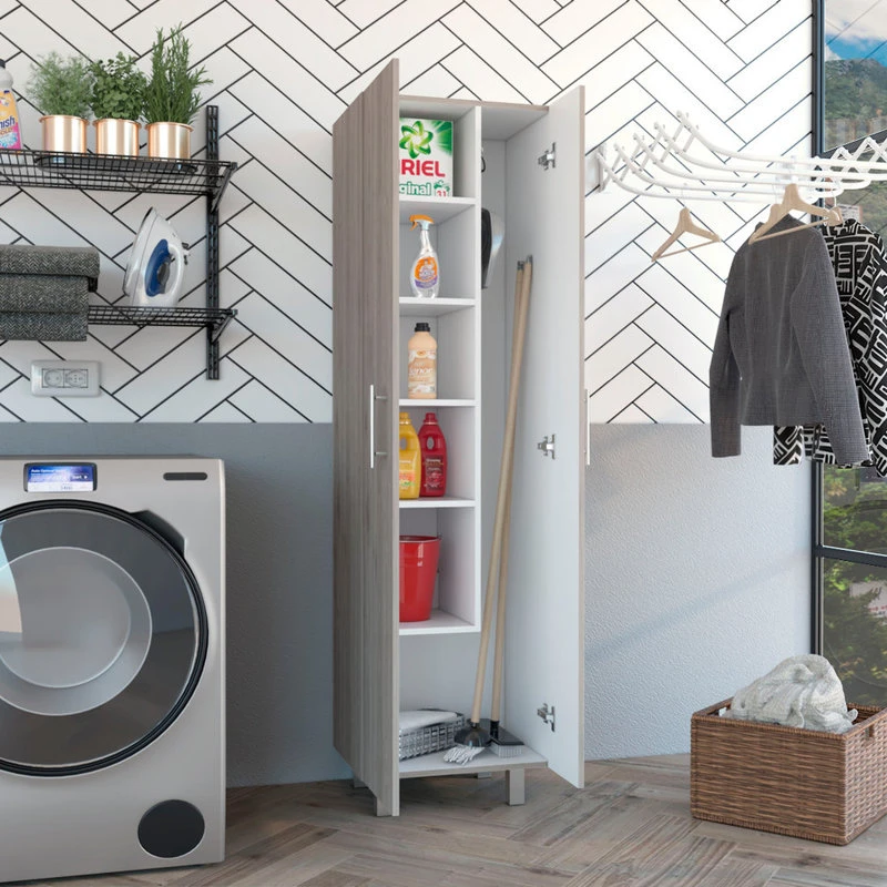 FM FURNITURE Norway Broom Closet Pantry, Light Gray/White 6 FM FURNITURE Norway Broom Closet Pantry, Light Gray/White - Image 4