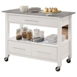 HomeRoots 43"x22"x36" Stainless Steel And White Kitchen Island