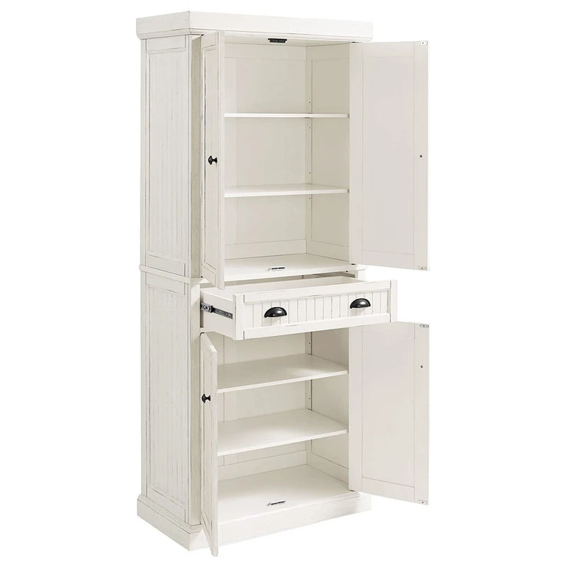 Traditional Tall Pantry Cabinet, 2 Cabinets & Center Drawer, Distressed White 6 Traditional Tall Pantry Cabinet, 2 Cabinets & Center Drawer, Distressed White - Image 4