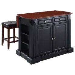 Crosley Drop Leaf Breakfast Kitchen Island, Black, 24" Upholstered Square Seat Stools