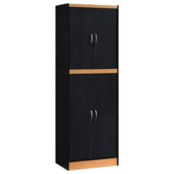4-Door Kitchen Pantry With 4-Shelves, 5-Compartments, Black-Beech