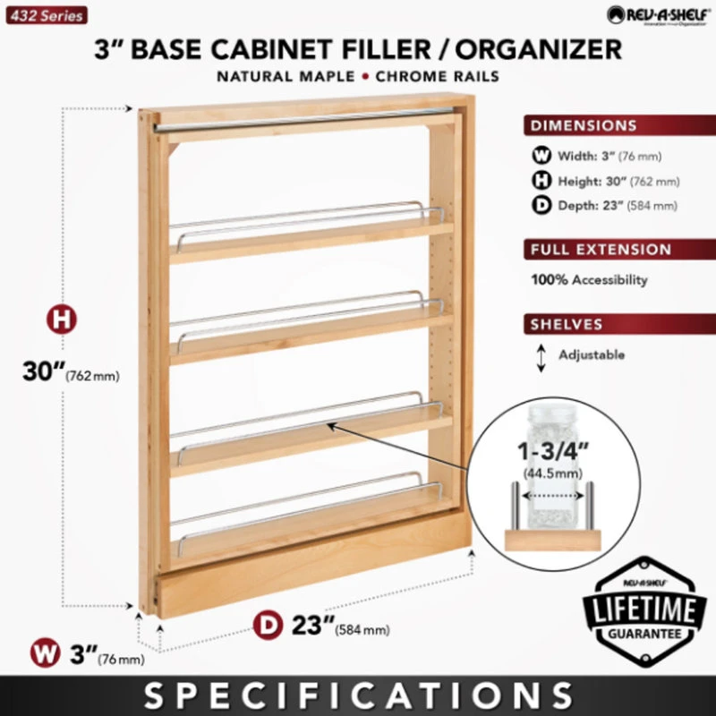 Wood Base Filler Pull Out Organizer For New Kitchen Applications, 3" 5 Wood Base Filler Pull Out Organizer For New Kitchen Applications, 3" - Image 3