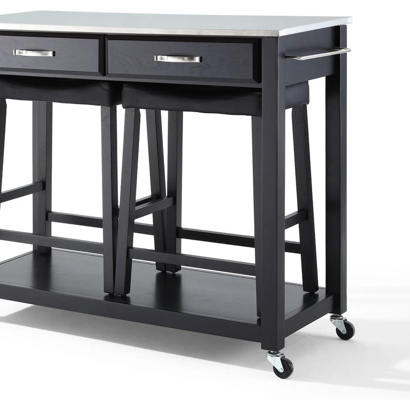 Crosley Stainless Steel Top Kitchen Cart With Saddle Stools In Black 4 Crosley Stainless Steel Top Kitchen Cart With Saddle Stools In Black - Image 2