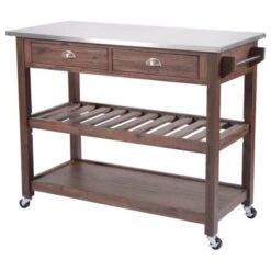 Offex Sonoma Kitchen Cart With Stainless Steel Top, Chestnut Wire-Brush