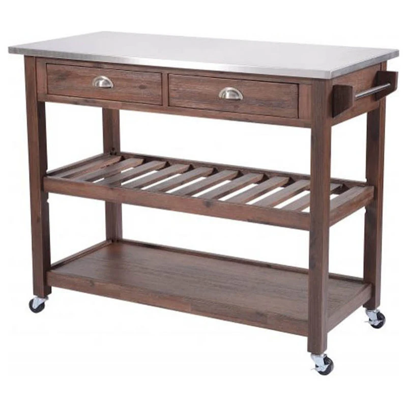Offex Sonoma Kitchen Cart With Stainless Steel Top, Chestnut Wire-Brush 3 Offex Sonoma Kitchen Cart With Stainless Steel Top, Chestnut Wire-Brush
