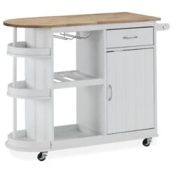 Chloe Kitchen Cart With Wheels, White And Natural