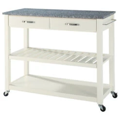 Crosley Solid Granite Top Kitchen Cart/Island, Optional Stool Storage, White