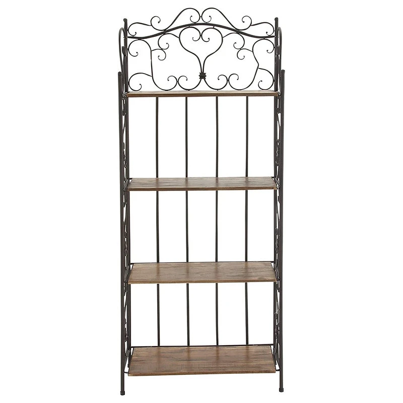 Rustic Bakers Rack, Metal Frame With Unique Scrollwork And 4 Wooden Shelves 6 Rustic Bakers Rack, Metal Frame With Unique Scrollwork And 4 Wooden Shelves - Image 4