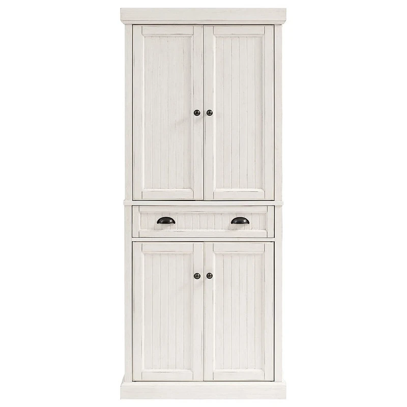 Traditional Tall Pantry Cabinet, 2 Cabinets & Center Drawer, Distressed White 5 Traditional Tall Pantry Cabinet, 2 Cabinets & Center Drawer, Distressed White - Image 3