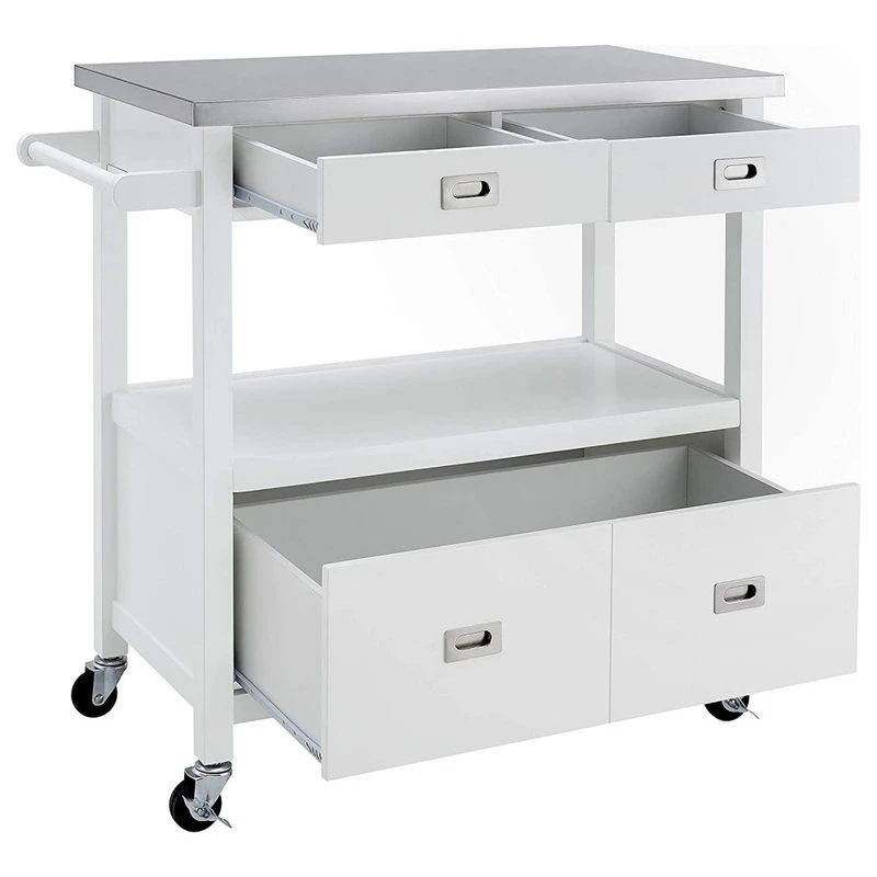 Modern Kitchen Cart, Stainless Steel Top And Spacious Drawer, Glossy White 5 Modern Kitchen Cart, Stainless Steel Top And Spacious Drawer, Glossy White - Image 3