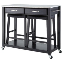 Crosley Stainless Steel Top Kitchen Cart With Saddle Stools In Black