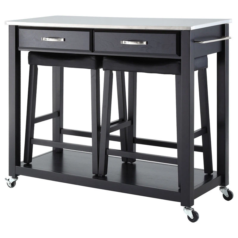 Crosley Stainless Steel Top Kitchen Cart With Saddle Stools In Black 3 Crosley Stainless Steel Top Kitchen Cart With Saddle Stools In Black