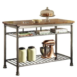 Industrial Kitchen Island, Slatted Metal Shelf And Butcher Block Top, Caramel Wo