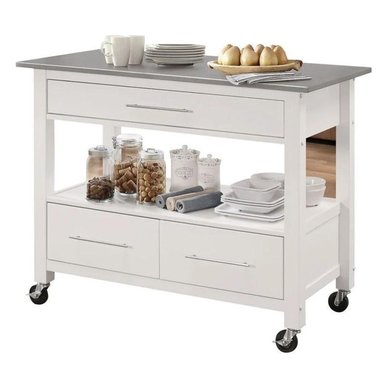 Bowery Hill Stainless Steel Top Kitchen Island In White 3 Bowery Hill Stainless Steel Top Kitchen Island In White