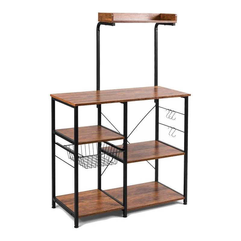 Costway 4-Tier MDF Vintage Kitchen Baker's Rack With Basket & 5 Hooks In Coffee 2 Costway 4-Tier MDF Vintage Kitchen Baker's Rack With Basket & 5 Hooks In Coffee