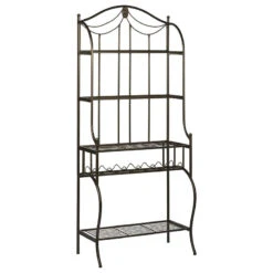 Classic Baker Rack, Black Metal Frame With Golden Accents And 6 Bottles Rack