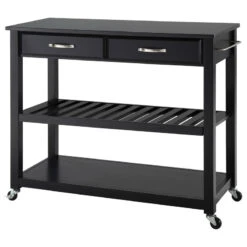 Crosley Solid Black Granite Top Kitchen Cart/Island, Optional Stool Storage, Black