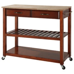 Crosley Natural Wood Top Kitchen Cart/Island, Optional Stool Storage, Classic Cherry