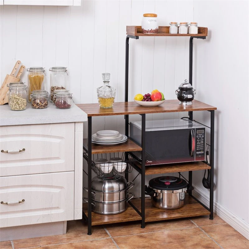 Costway 4-Tier MDF Vintage Kitchen Baker's Rack With Basket & 5 Hooks In Coffee 3 Costway 4-Tier MDF Vintage Kitchen Baker's Rack With Basket & 5 Hooks In Coffee - Image 2
