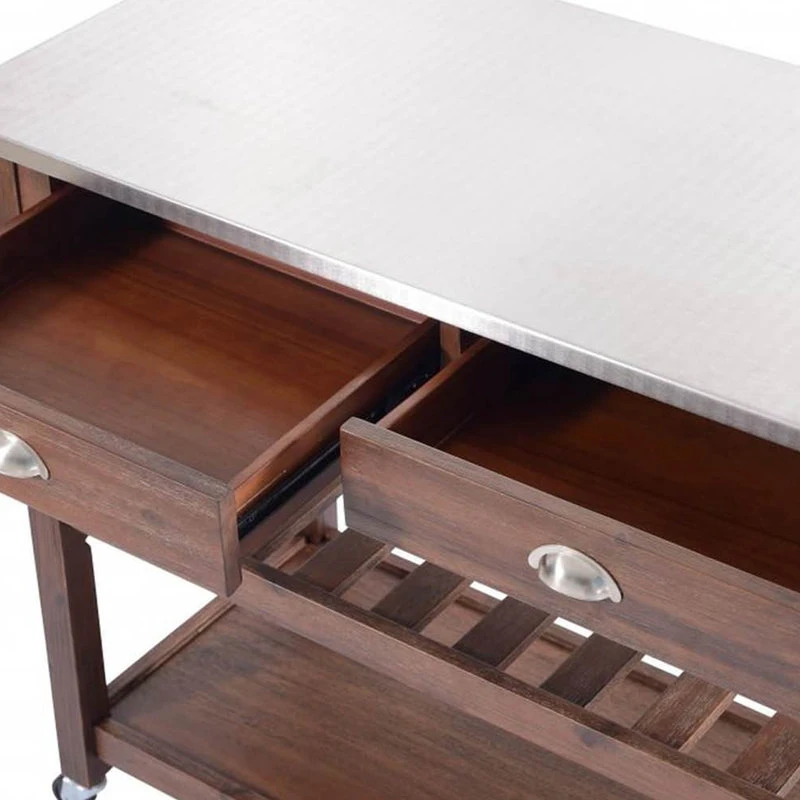 Offex Sonoma Kitchen Cart With Stainless Steel Top, Chestnut Wire-Brush 5 Offex Sonoma Kitchen Cart With Stainless Steel Top, Chestnut Wire-Brush - Image 3