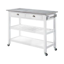 American Heritage Stainless Steel Top Kitchen Cart In White Wood Finish