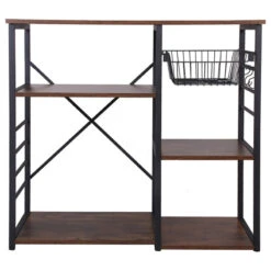 Wood And Metal Bakers Rack With 4 Shelves And Wire Basket, Brown And Black -Kitchen Storage Store ea8188a503be54b2 3047 w800 h800 b1 p0