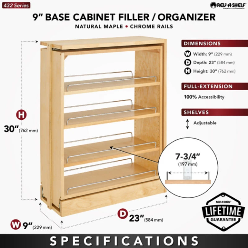 Wood Base Filler Pull Out Organizer For New Kitchen Applications, 9" 5 Wood Base Filler Pull Out Organizer For New Kitchen Applications, 9" - Image 3