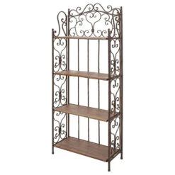 Rustic Bakers Rack, Metal Frame With Unique Scrollwork And 4 Wooden Shelves