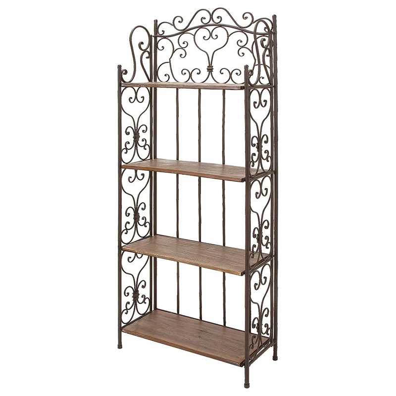 Rustic Bakers Rack, Metal Frame With Unique Scrollwork And 4 Wooden Shelves 3 Rustic Bakers Rack, Metal Frame With Unique Scrollwork And 4 Wooden Shelves