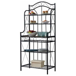 Leroy Black Metal And Walnut Wood 5-Tier Baker's Rack