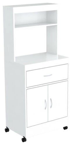 White Finish Wood Microwave Cabinet With Two Doors And Drawer