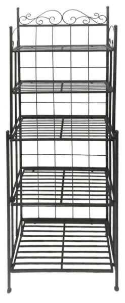 5 Tier Storage Metal Bakers Rack With Scrollwork Top, Gunmetal Gray